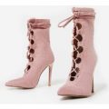 Peony Lace Up Ankle Boot In Blush Faux Suede, Pink