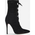 Peony Lace Up Pointed Ankle Boot In Black Faux Suede, Black