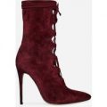 Peony Lace Up Pointed Ankle Boot In Burgundy Faux Suede, Red