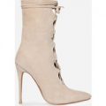 Peony Lace Up Pointed Ankle Boot In Nude Faux Suede, Nude