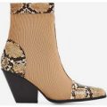 Racer Snake Print Detail Western Ankle Boot In Nude Knit, Nude