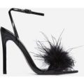 Rae Faux Feather Fluffy Heel In Black Faux Leather, Black