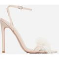 Rae Faux Feather Fluffy Heel In Nude Faux Leather, Nude
