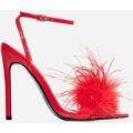 Rae Faux Feather Fluffy Heel In Red Faux Leather, Red