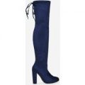 Ivy Over The Knee Long Boot In Navy Faux Suede, Blue