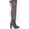 Bethany Studded Detail Long Boot In Light Grey Faux Suede, Grey