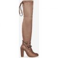 Bethany Studded Detail Long Boot In Mocha Faux Suede, Brown