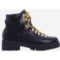 Raya Yellow Lace Up Ankle Biker Boot In Black Faux Leather, Black