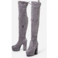 Kandy Platform Long Boot In Grey Faux Suede, Grey