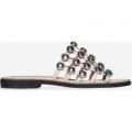 Revel Silver Studded Detail Slider In Nude Faux Suede, Nude