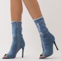 Revolve Sock Fit Peeptoe Boots in Dark Denim, Blue