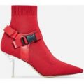 Rhian Perspex Buckle Detail Ankle Sock Boot In Red Knit, Red