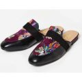 Ria Purple Floral Embroidered Flat Mule In Black Faux Leather, Black
