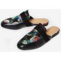 Ria Black Floral Embroidered Flat Mule In Black Faux Leather, Black