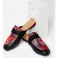 Ria Red Floral Embroidered Flat Mule In Black Faux Leather, Black