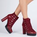 Roanne Fur Lined Lace Up Biker Boot In Maroon Faux Leather and Faux Suede, Red