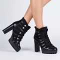 Roanne Fur Lined Lace Up Biker Boot In Black Faux Leather and Faux Suede, Black