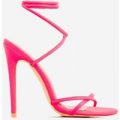 Rochelle Lace Up Barely There Heel In Neon Pink Faux Leather, Pink