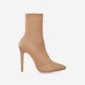 Rolo Pointed Toe Sock Boot In Nude Lycra, Nude