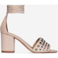 Roma Studded Detail Lace Up Mid Block Heel In Nude Faux Suede, Nude