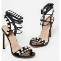 Rosa Lace Up Pearl Detail Heel In Black Patent, Black