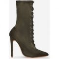 Rosetta Lace Up Ankle Boot In Khaki Faux Suede, Green