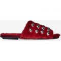 Rossi Studded Detail Flat Mule In Burgundy Faux Fur, Red