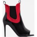 Rouge Red Lycra Trim Peep Toe Ankle Sock Boot In Black Patent, Black