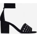 Roma Studded Detail Lace Up Mid Block Heel In Black Faux Suede, Black