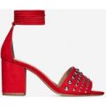 Roma Studded Detail Lace Up Mid Block Heel In Red Faux Suede, Red