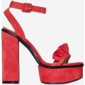 Sasha Frill Detail Platform Heel In Coral Faux Suede, Red