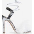 Savanna Lace Up Fluffy Heel In Metallic Silver Faux Leather, Silver