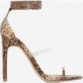 Sencha Perspex Lace Up Toe Strap Heel In Snake Print Faux Leather, Brown