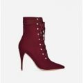 Sian Lace Up Pearl Detail Ankle Boot In Burgundy Faux Suede, Red