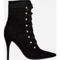 Sian Lace Up Pearl Detail Ankle Boot In Black Faux Suede, Black
