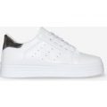 Horton Oversized Trainer With Silver Heel Tab In White Faux Leather, White