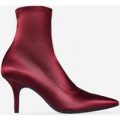 Skye Kitten Heel Sock Boot In Burgundy Satin, Red