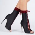 Skylar Maroon Velvet Lace Up Ankle Boot In Black Satin, Black