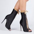 Skylar Nude Velvet Lace Up Ankle Boot In Black Satin, Black