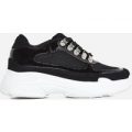 Cass Mesh Detail Trainer In Black Faux Suede And Patent, Black