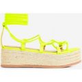 Sophina Lace Up Espadrille Flatform Sandal In Neon Yellow Faux Leather, Yellow