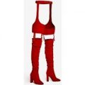 Southloop Belted Over The Knee Long Boot In Red Faux Suede, Red