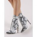 Spectrum Lace Up Ankle Boots in Black and White Snake, Multi