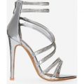 Pixie Diamante Wrap Over Heel In Silver Faux Leather, Silver