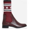 Star-Struck Knitted Ankle Boot In Burgundy Faux Leather, Red