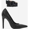Stefano Ankle Strap Court Heel In Black Croc Print Faux Leather, Black