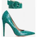 Stefano Ankle Strap Court Heel In Green Croc Print Faux Leather, Green