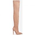 Stella Studded Detail Over The Knee Boot In Mocha Faux Suede, Brown