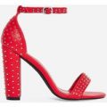 Stellar Studded Detail Block Heel In Red Faux Leather, Red