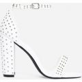 Stellar Studded Detail Block Heel In White Faux Leather, White